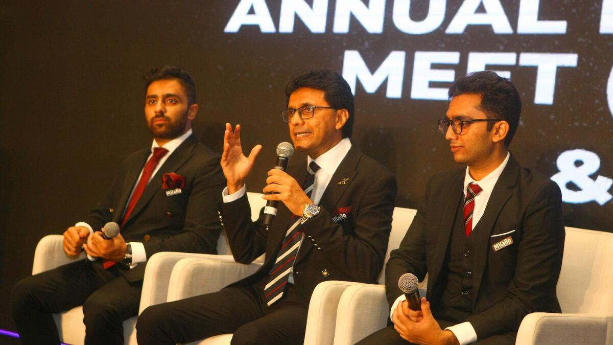 From left to right: Azhar Sajan; Anis Sajan, vice chairman of Danube Group; and Sahil Sajan at the Milano Annual Dealers Meet 2021 and Catalogue Launch. Photo by Mohammad Mustafa Khan