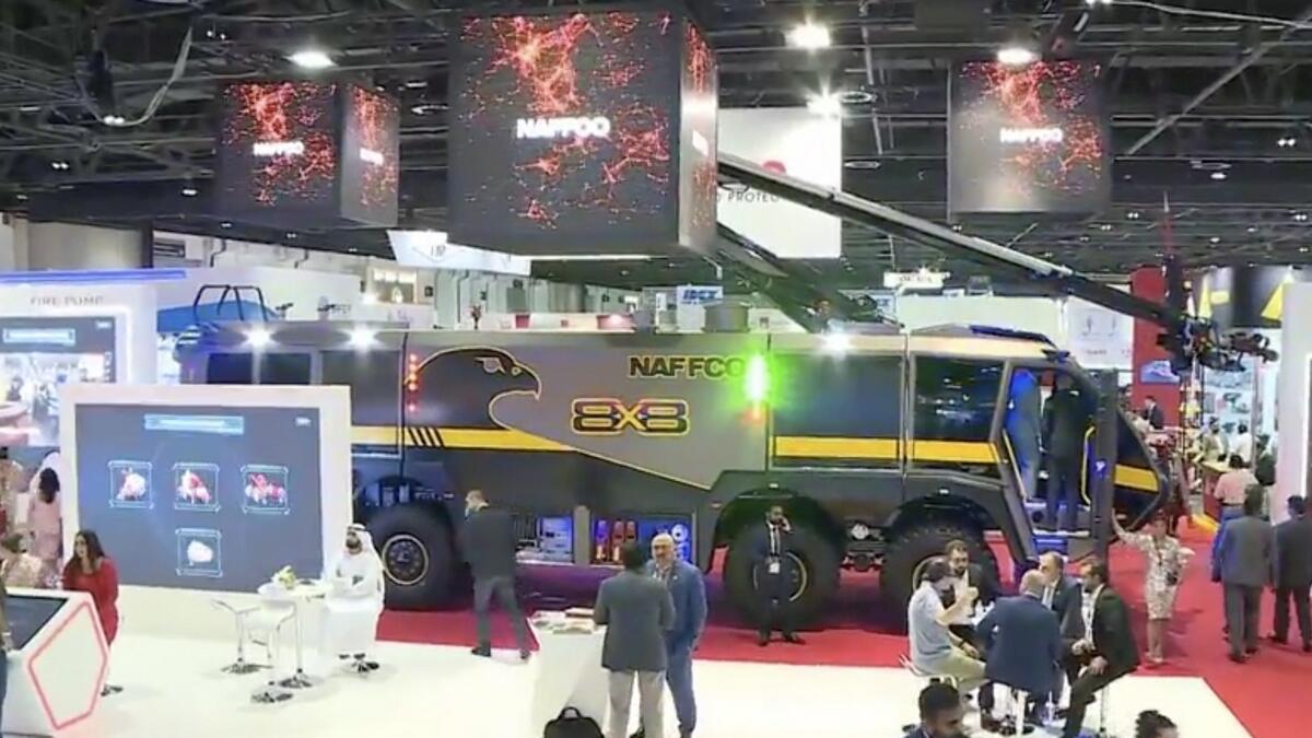 Made by Naffco (National Fire Fighting Manufacturing), the Falcon 8x8 is designed to combat fires that erupt in the airport.