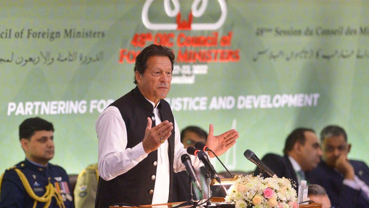 Pakistani Prime Minister Imran Khan speaks during the 48th session of the Organization of Islamic Cooperation (OIC) Council of Foreign Ministers, in Islamabad on March 22, 2022. Photo: AFP