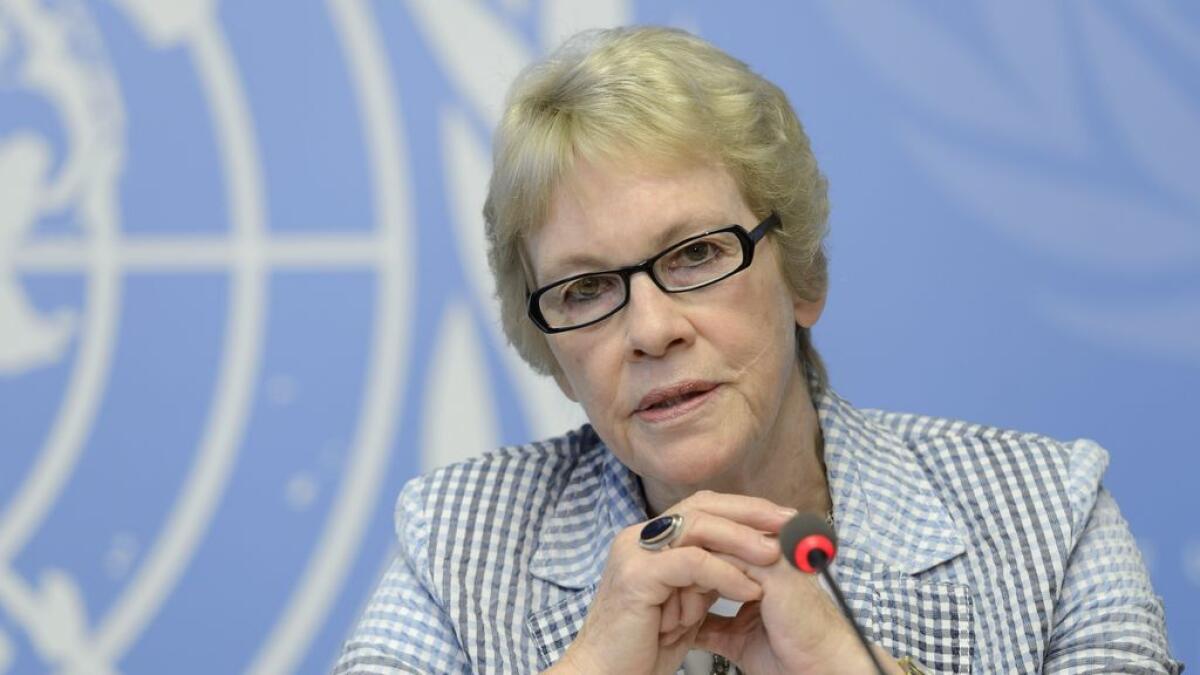 Karen Koning AbuZayd, Member of the Commission of Inquiry on the Syrian Arab Republic, speaks during a press conference about the launch of latest report by the Commission to the Human Rights Council, at the European headquarters of the United Nations, in