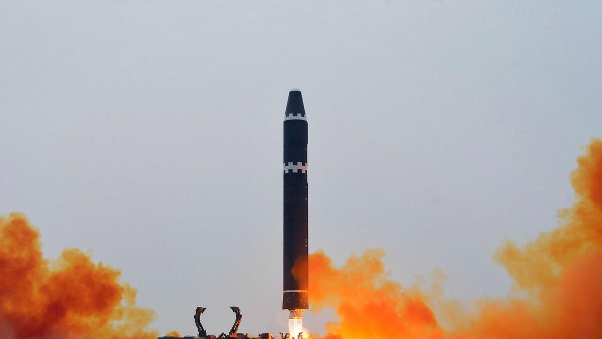 This photo provided by the North Korean government, shows what it says a test launch of a Hwasong-15 intercontinental ballistic missile at Pyongyang International Airport in Pyongyang, North Korea, on Saturday. — AP