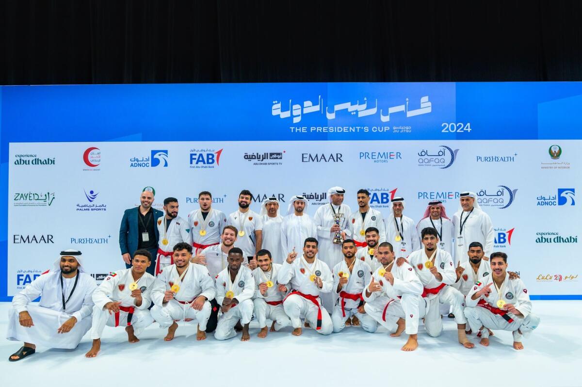 Members of the Al Wahda Club Jiu-Jitsu Academy celebrate their win. — Supplied photo
