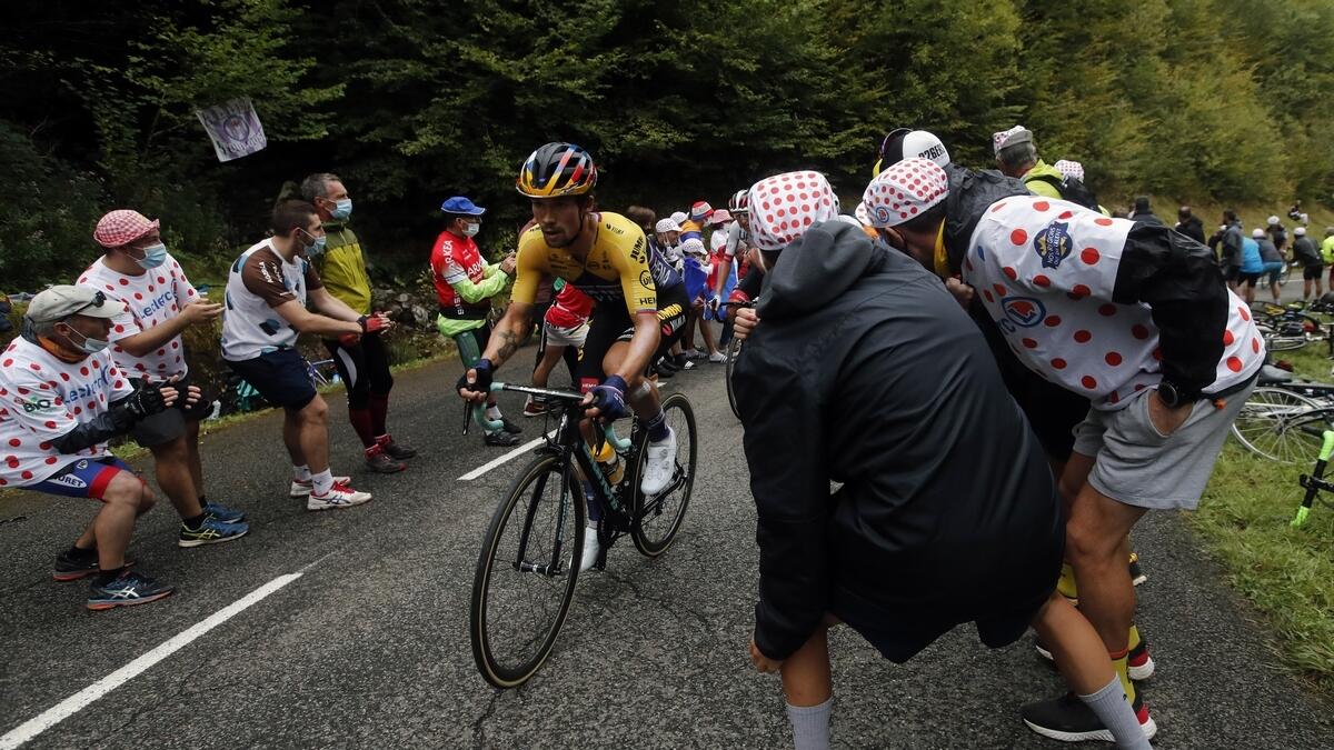 Slovenia's Primoz Roglic climbs the Marie Blanque pass during the ninth stage of the Tour de France