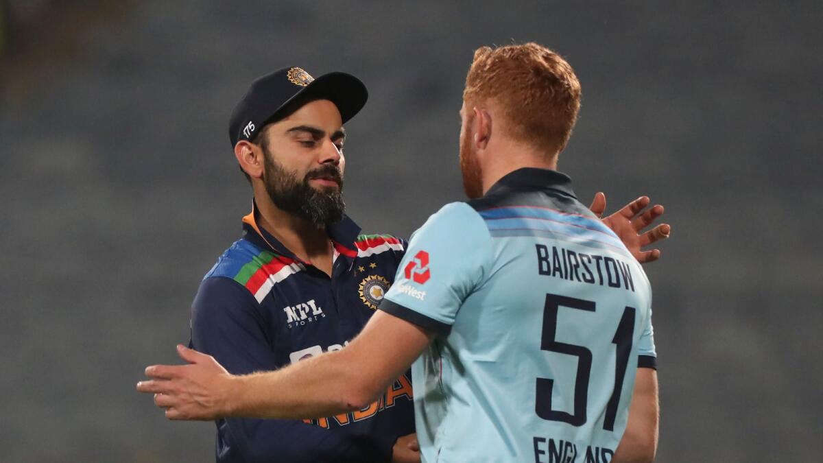 Indian captain Virat Kohli congratulates England's Jonny Bairstow on their win. (AP)