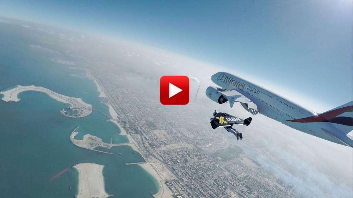 WATCH: Dubais Jetmen soar with Emirates A380 over city