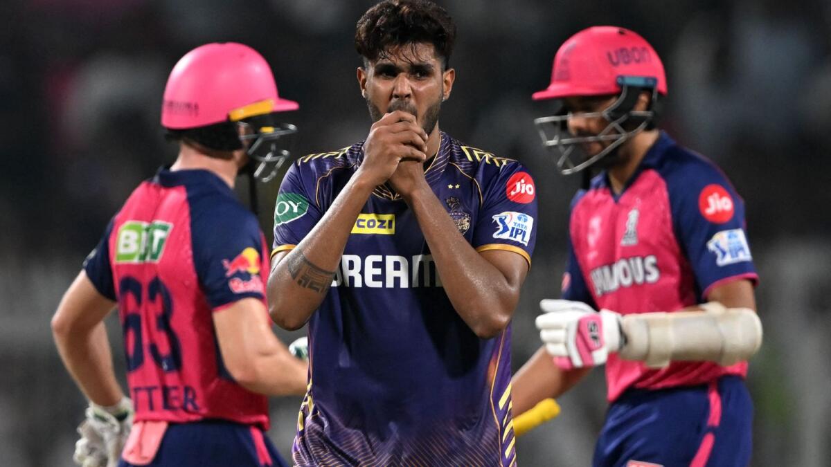 Kolkata Knight Riders' Harshit Rana (C) reacts during the Indian Premier League match against  Rajasthan Royals at the Eden Gardens earlier this week. - AFP