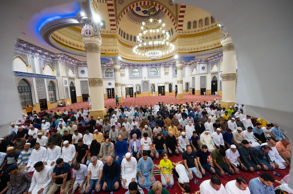 Faithful offer Taraweeh prayers during Ramadan at Al Farooq Omar Bin Al Khattab Mosque in Dubai. Photo: Shihab
