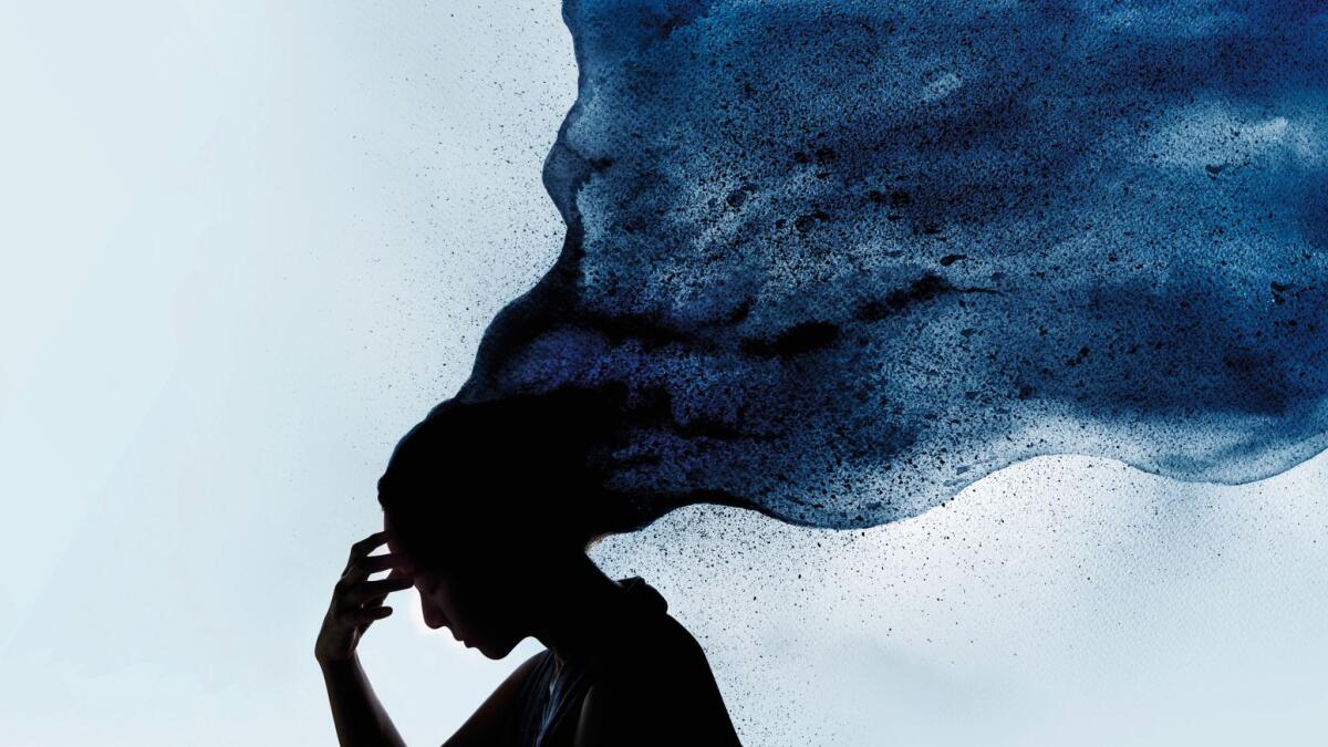 Mental Health Disorder Concept. Exhausted Depressed Female touching Forehead. Stressed Woman Silhouette photo combined with Watercolor. Depression Psychology inside her Head