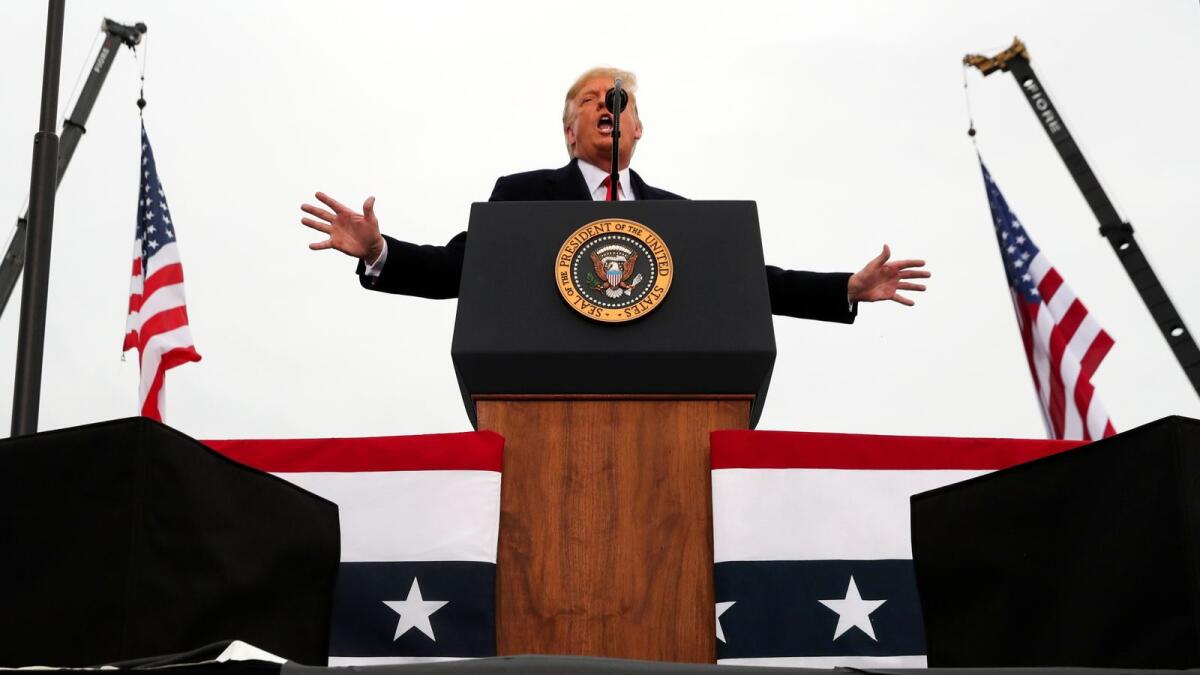 US President Donald Trump speaks during a campaign event in Martinsburg, Pennsylvania, US, October 26, 2020.