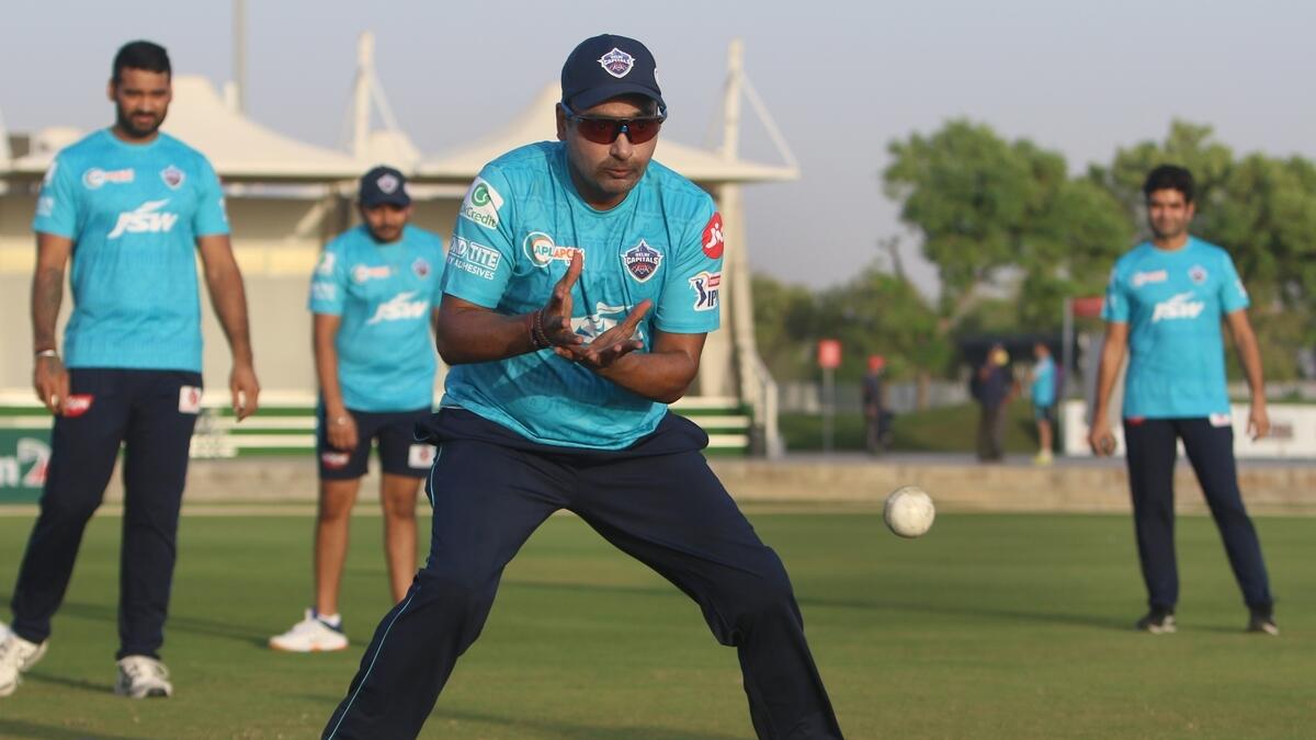 Delhi Capitals leg spinner Amit Mishra during a fielding session in Dubai. - Delhi Capitals