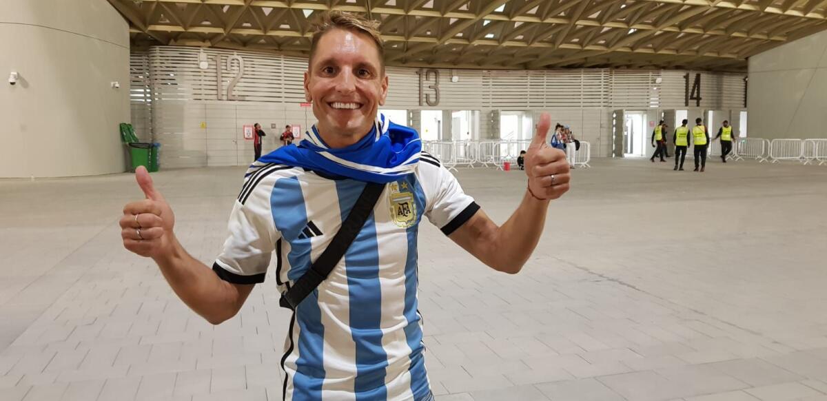 Argentine fan Luciano  is a passionat supporter of his national team at the Fifa World Cup in Qatar.  Photo: Rituraj Borkakoty