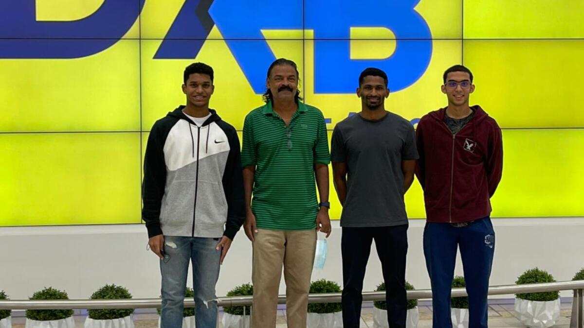 (From left) Tanish George Mathew, coach Pradeep Kumar, Sajan Prakash and Shoan Ganguly. (Supplied photo)
