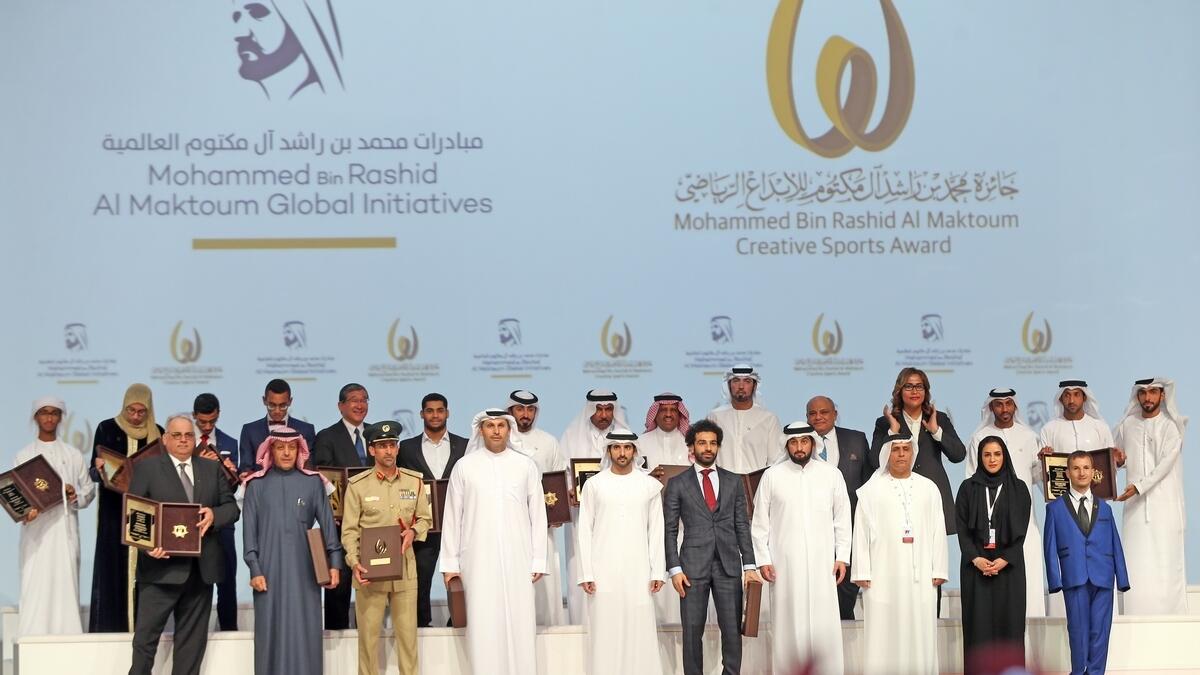 Sheikh Hamdan bin Mohammed bin Rashid Al Maktoum, Crown Prince of Dubai and Chairman of Dubai Sports Council with the winners of the 10th MBR Creative Sports Awards at the Dubai World Trade Centre on Wednesday.