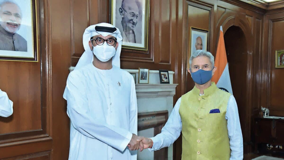 Dr. Sultan bin Ahmed Al Jaber, Ministry of Industry and Advanced Technology and Special Envoy for Climate Change, with Subramanyam Jaishankar, Minister of External Affairs in India.