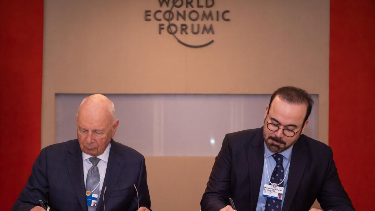 Mohammad Abdullah Al Gergawi and Professor Klaus Schwab signed the partnership agreement. — Supplied photo
