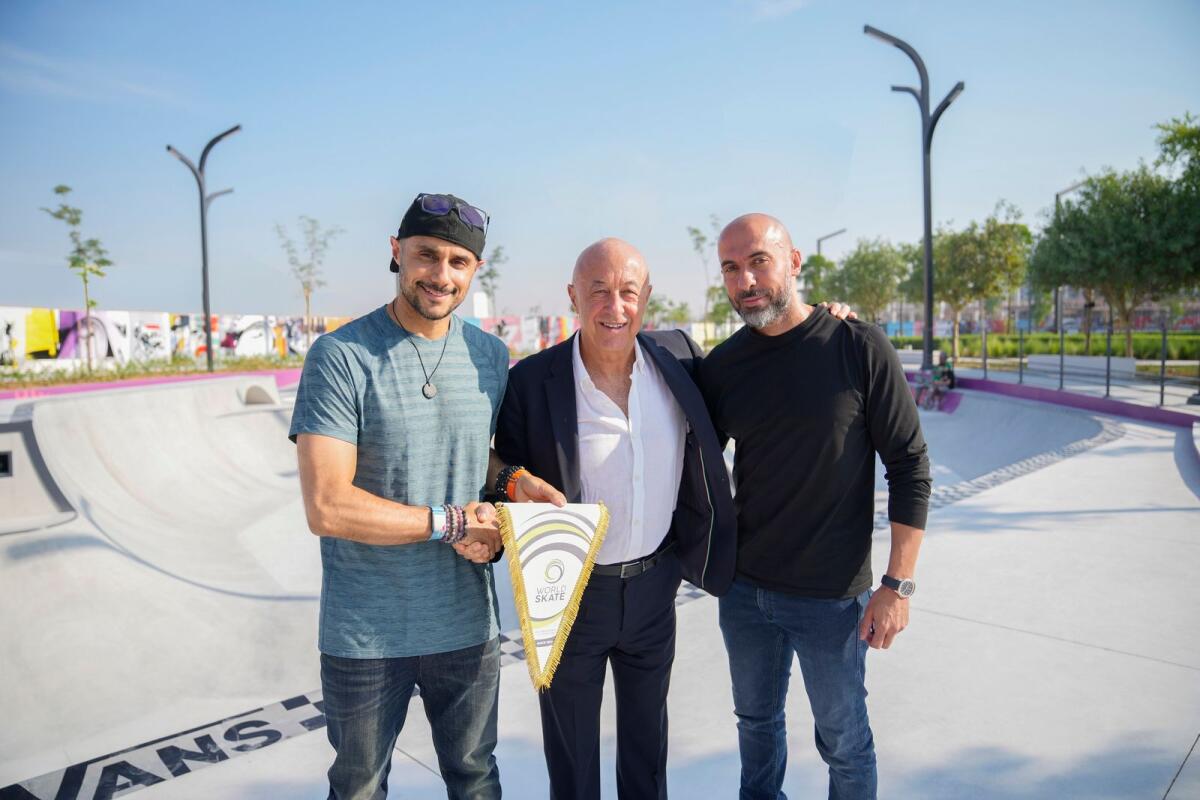Prince Khaled bin Alwaleed, Vice Chairman of Arada, Sabatino Aracu, Chairman of World Skate, Ahmed Alkhoshaibi, Group CEO of Arada