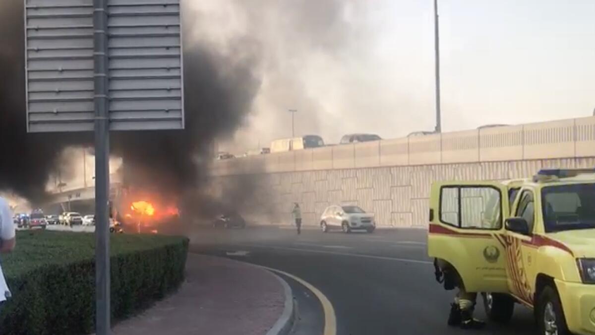 Vehicle gutted in flames in Dubais Al Barsha