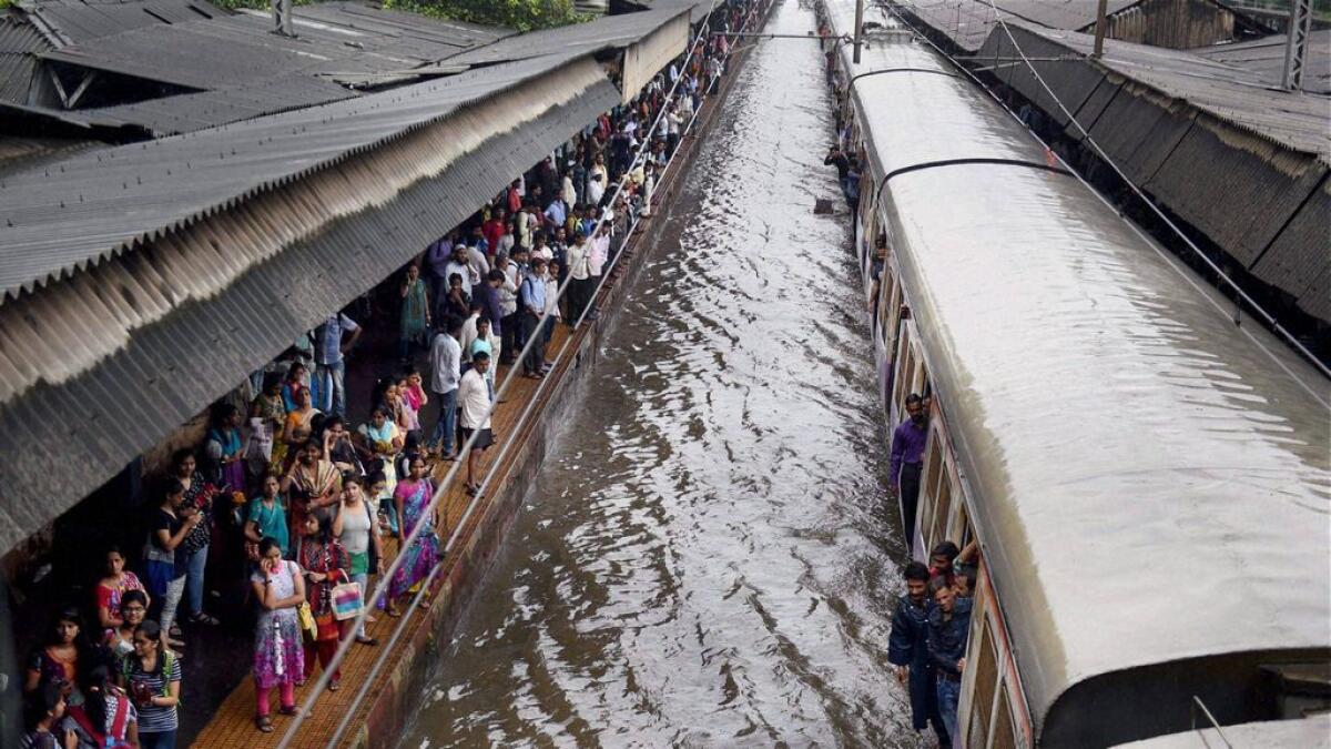 A view of a water logged railway track in Mumbai.