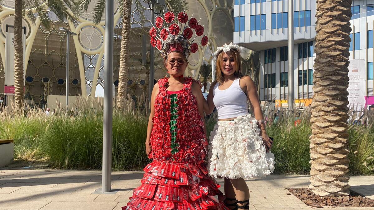(L-R) Marissa Postre and Rosie Villa sport outfits made out of recycled materials.
