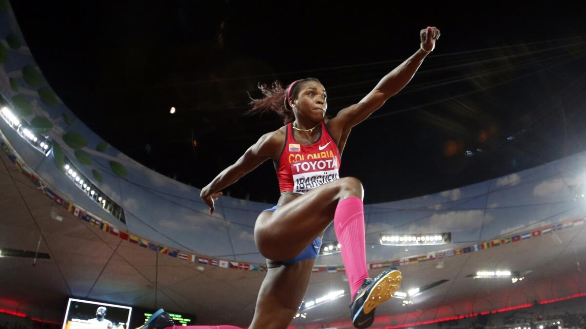 Colombia's Caterine Ibarguen competes in the women?s triple jump final at the World Athletics Championships at the Bird's Nest stadium in Beijing, on Aug. 24, 2015. 