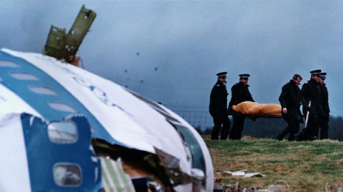 A total of 270 people were killed when a bomb ripped apart Pan Am flight 103 over the Scottish town of Lockerbie in 1988. File photo from December 22, 1988 shows rescue personnel carrying a body away from the site of the crash in Lockerbie.