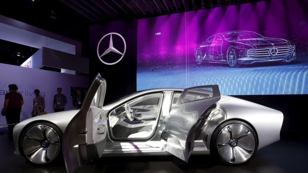 A Mercedes-Benz IAA concept car is displayed during the 2016 CES trade show in Las Vegas, Nevada. The car can change shape under certain driving conditions, to increase fuel efficiency.