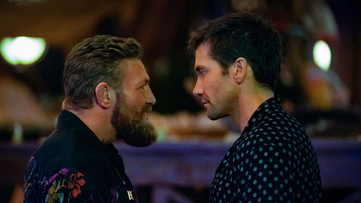 Conor McGregor, left, and Jake Gyllenhaal in a scene from 'Road House'