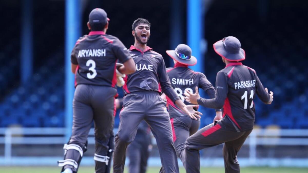 UAE players celebrate a wicket against West Indies. (UAE Cricket Official Twitter)