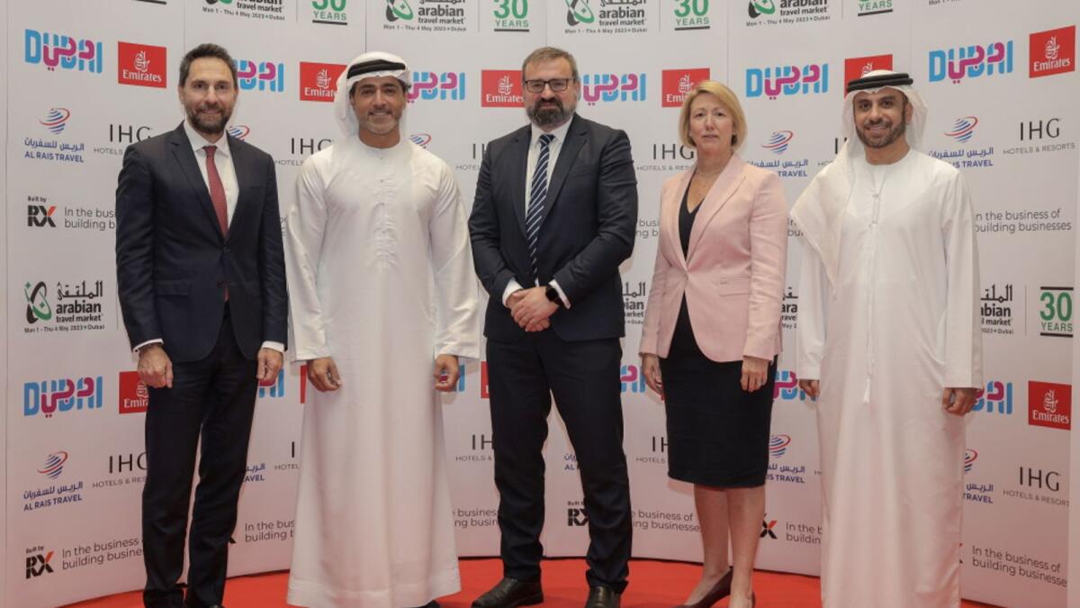 From left: Haitham Mattar, managing director, IHG Hotels &amp; Resorts; Issam Kazim, CEO, Dubai Corporation for Tourism and Commerce Marketing, part of DET; Vasyl Zhygalo, managing director, RX Middle East / Portfolio Director WTM and IBTM, RX; Danielle Curtis, exhibition director for the Middle East, Arabian Travel Market; and Adnan Kazim, Chief Commercial Officer, Emirates, at the press conference in Dubai on Thursday (Supplied)