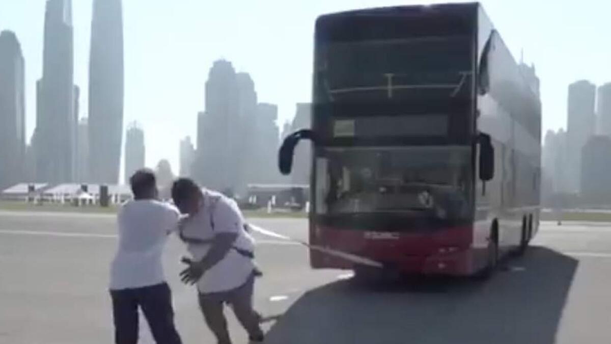 Video: Dubai strongman pulls double-decker bus as part of Fitness Challenge
