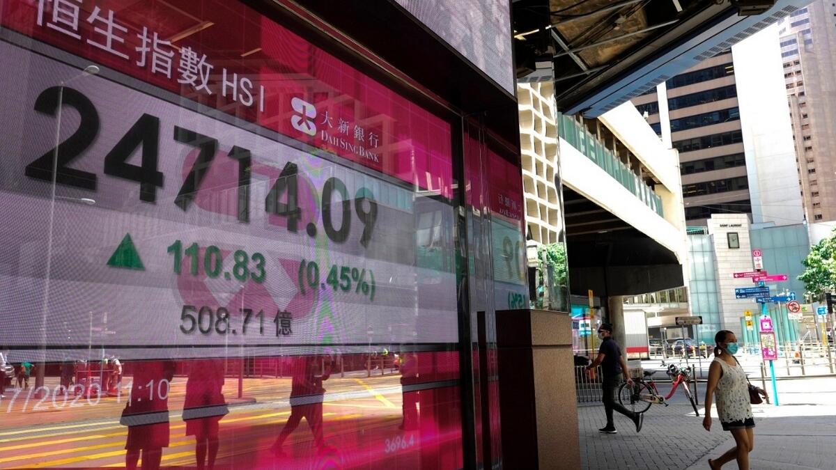 A woman wearing a face mask walks past a bank's electronic board showing the Hong Kong share index at Hong Kong Stock Exchange in Hong Kong on Tuesday. - AP