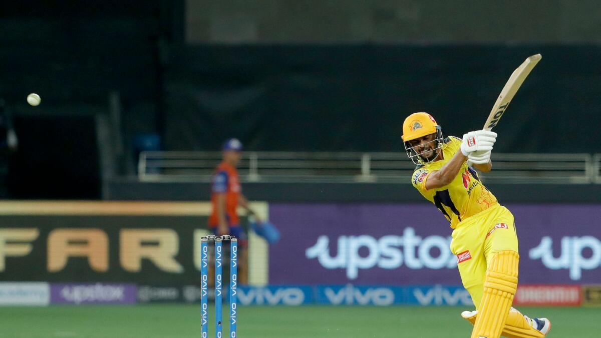 Ruturaj Gaikwad plays a shot during the  Indian Premier League match against Mumbai Indians in Dubai. — BCCI