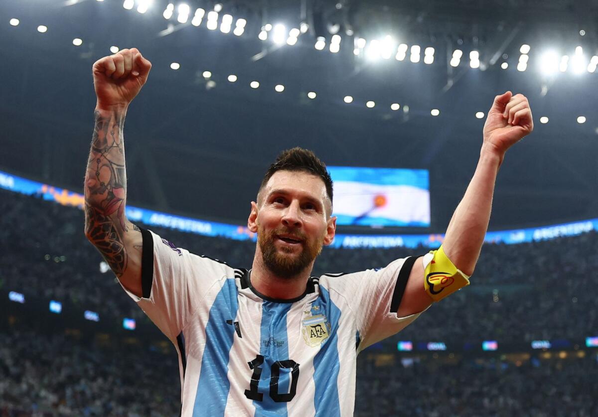 Argentina's Lionel Messi celebrates their third goal scored by Julian Alvarez. Photo: Reuters