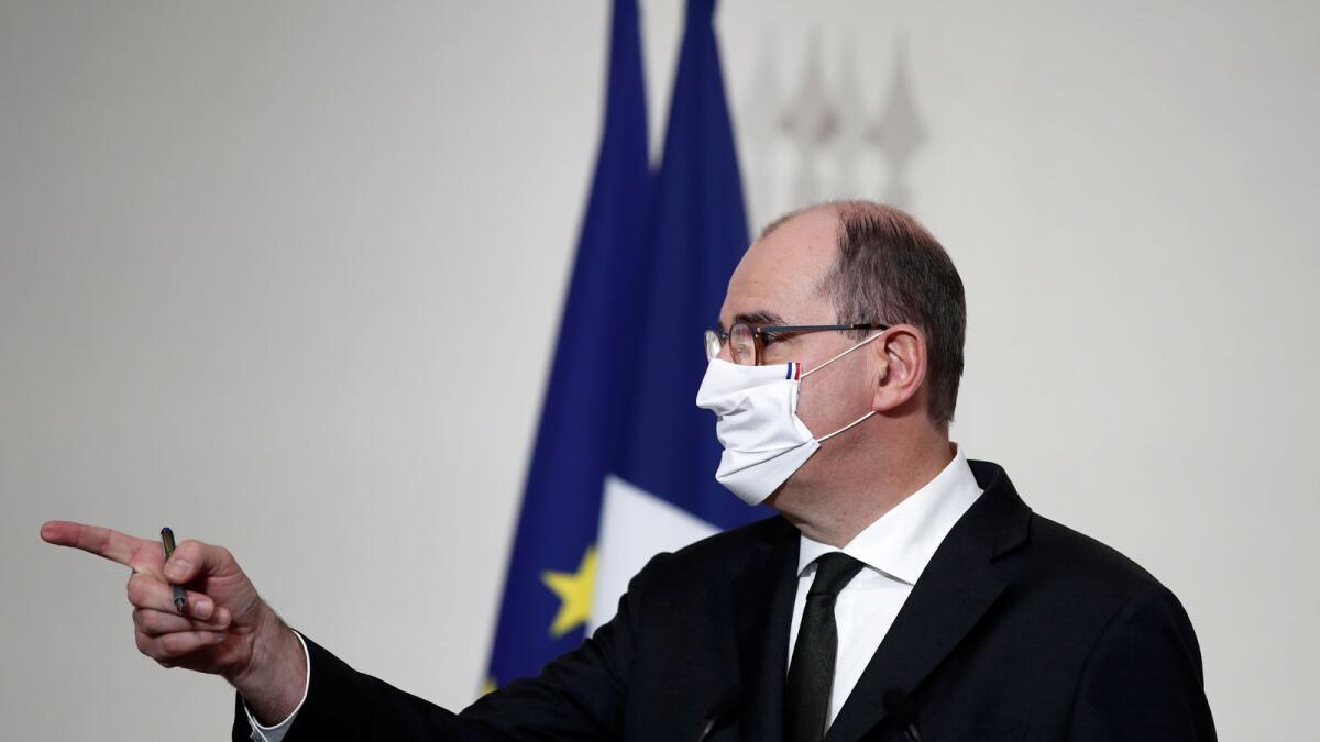 French Prime Minister Jean Castex gestures during a press conference to outline France's strategy for the deployment of future COVID-19 vaccines, in Paris, France, December 3, 2020.