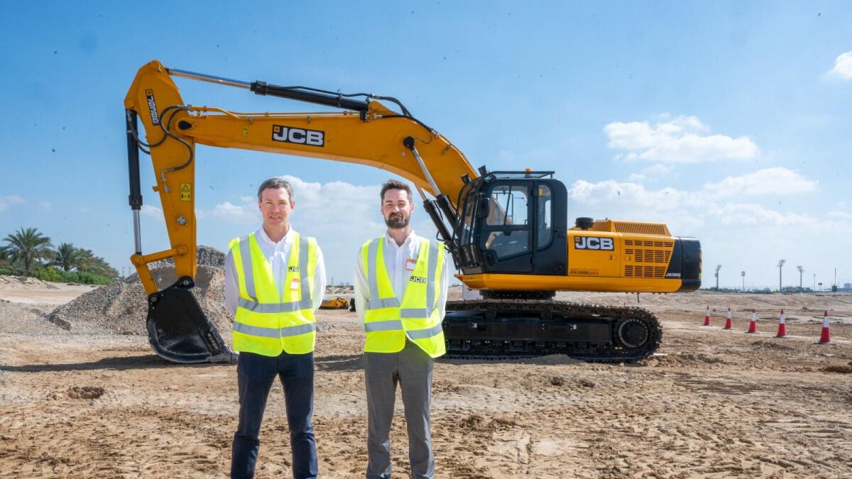 Edward Lovatt, Business Head, Backhoe Loaders and Site Dumpers with James Mcmillian, Global product manager, Large Excavators, during the revised range event, includes three JCB models – the 3CX, 3CX Plus and the 3CX PRO in Dubai on Friday. 01 March, 2024. Photo by Shihab