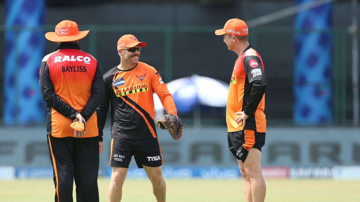 David Warner (centre) of the Sunrisers Hyderabad before the start of the match against the Rajasthan Royals on Sunday. (BCCI)