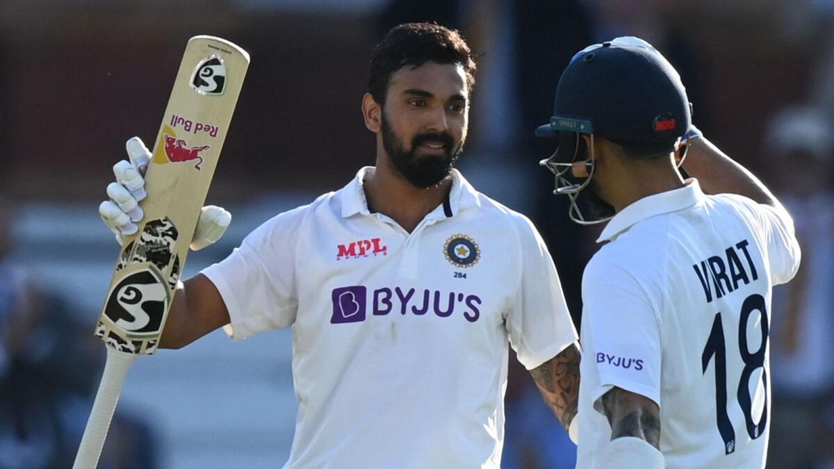KL Rahul (left) celebrates his century with captain Virat Kohli on the opening day of the second Test against England at Lord’s cricket ground. — AFP