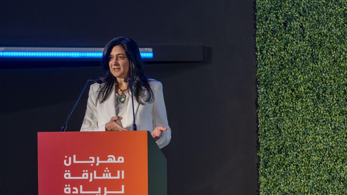 Sheerah CEO Najla Al Midfa delvering the closing speech at the most successful Sharjah Entrepreneurship Festival on Sunday evening. — Supplied photo