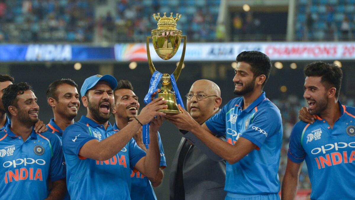 Indian players celebrate after winning 2018 Asia Cup at the Dubai International Cricket Stadium. (AFP file)