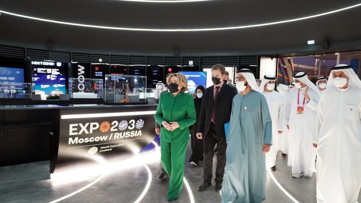 Sheikh Mohmmed and Valentina Matviyenko tour the Russian pavilion at Expo 2020 Dubai. — Wam