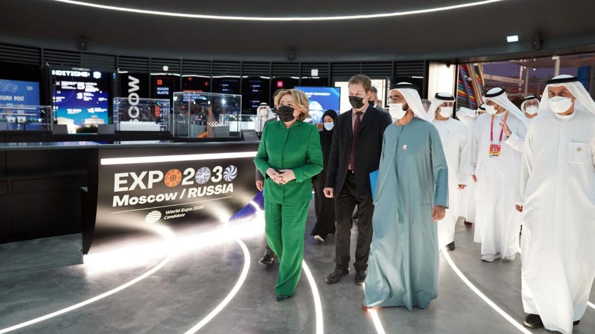 Sheikh Mohmmed and Valentina Matviyenko tour the Russian pavilion at Expo 2020 Dubai. — Wam