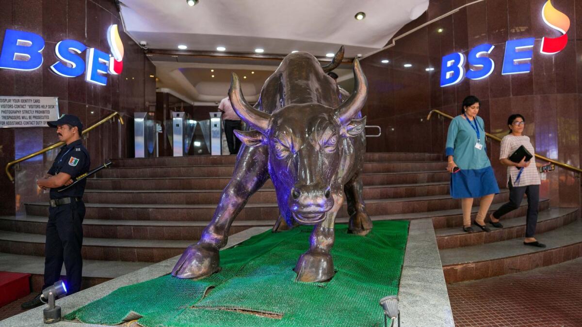 The bull statue at Bombay Stock Exchange building in Mumbai. — PTI