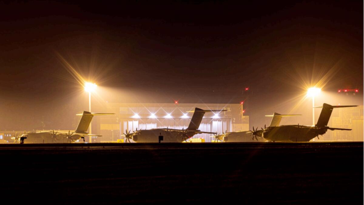 Airbus A400M transport aircraft of the German Air Force stand at the Wunstorf air base in the Hanover region. In view of the rapid advance of the Taliban in Afghanistan, Germany plans to begin evacuating its citizens and local Afghan forces from Kabul. — AP