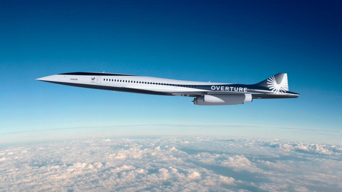 This undated image provided by Boom Supersonic shows Boom Supersonic Overture Aircraft. Aviation startup Boom Technology says it will power supersonic passenger jets with engines designed by a company better known for making small engines used on drones and cruise missiles. Boom said on December 13, 2022, that Florida Turbine Technologies, or FTT, will design the engines and a division of General Electric will manufacture them for its jet, which it says could be making test flights in 2026 and carrying passengers a few years after that. — AP