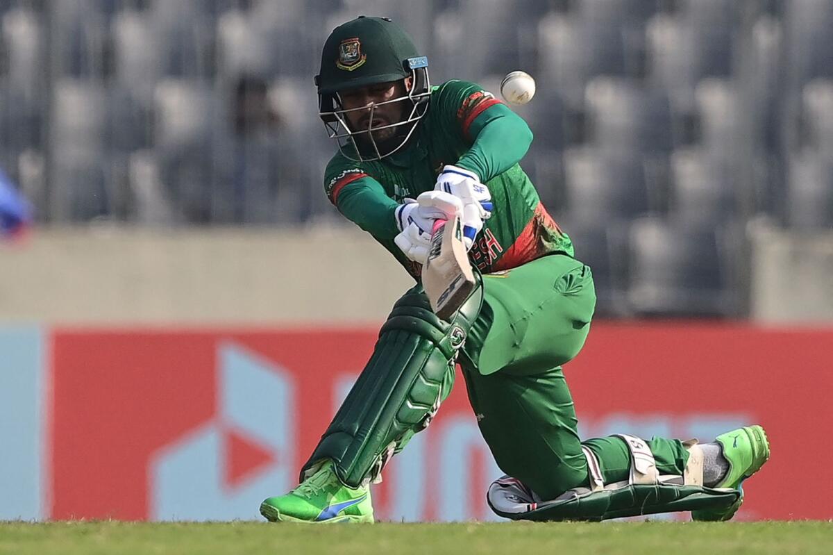 Bangladesh's Mehidy Hasan Miraz plays a shot during the second One-Day International against India. — AFP