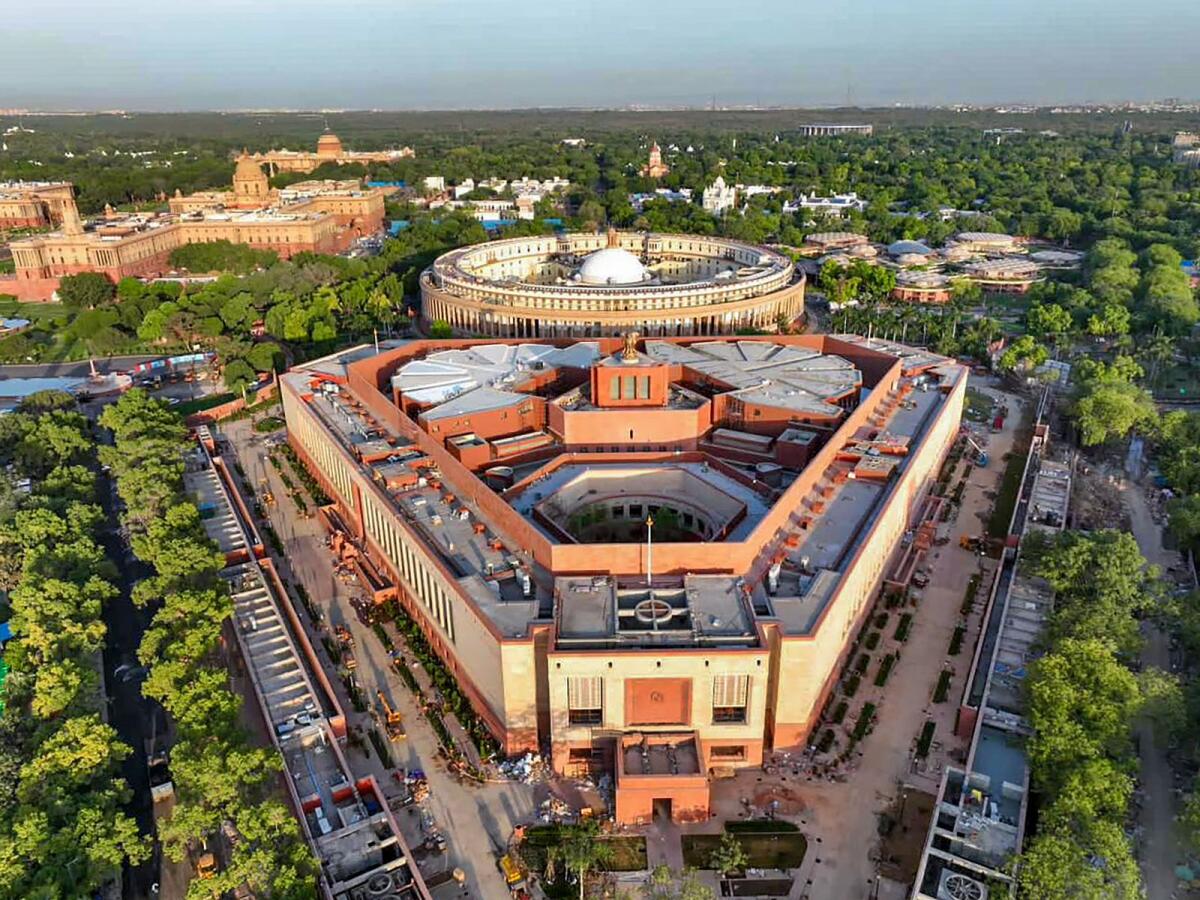 New Parliament building, that will be inaugurated by Prime Minister Narendra Modi on Sunday, in New Delhi, on Saturday. Photo: PTI