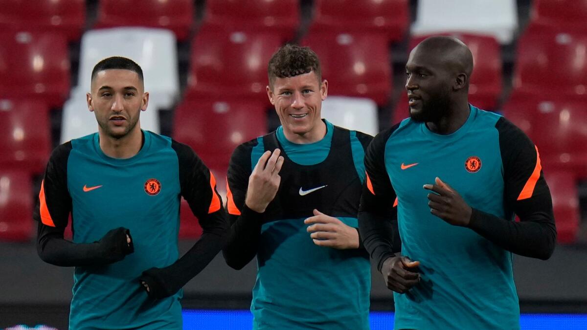 Trio: Chelsea players (from left) Hakim Ziyech, Ross Barkley and Romelu Lukaku during a training session in Abu Dhabi on Tuesday. — AP