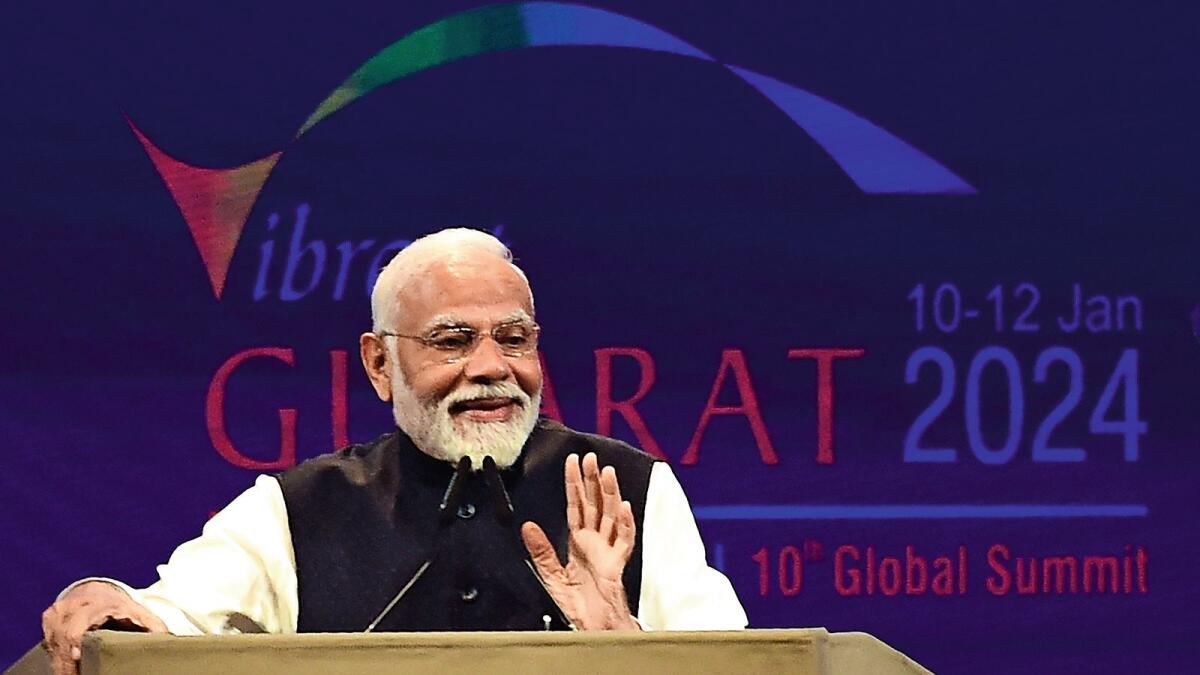 India's Prime Minister Narendra Modi addresses a gathering during the inaugural session of Vibrant Gujarat Global Summit 2024, in Gandhinagar on January 10, 2024. — AFP