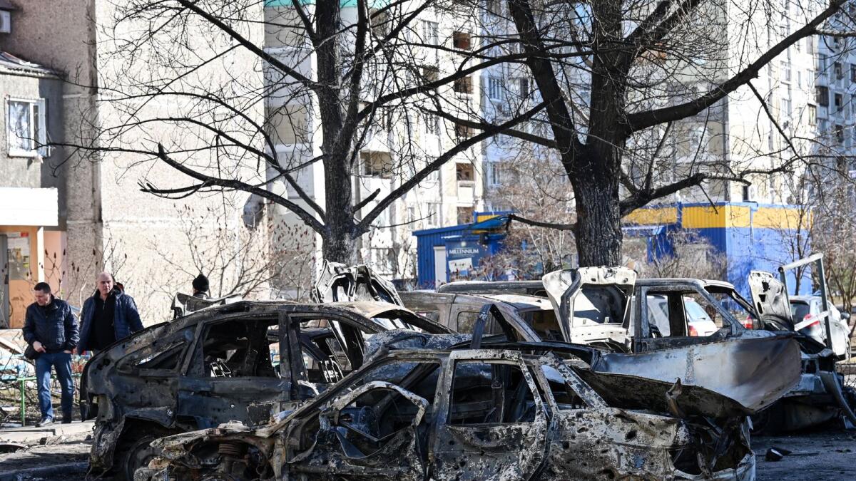 A view of the cars which were destroyed by recent shelling in Kyiv outskirts on February 28, 2022.  (Photo: AFP)