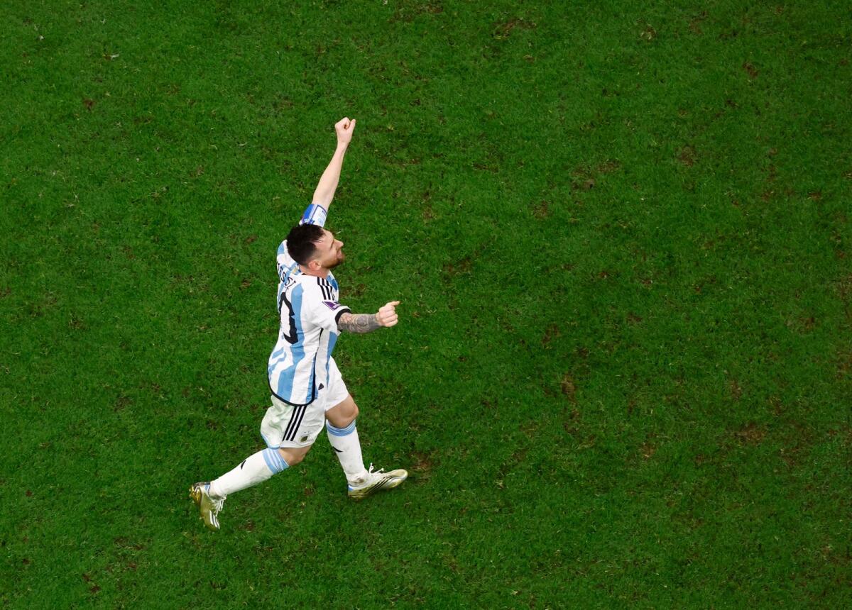 Argentina's Lionel Messi celebrates scoring their third goal. Photo: Reuters